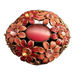 Pink Flowered Brooch Pin with Pink Center Cabochon Goldtone